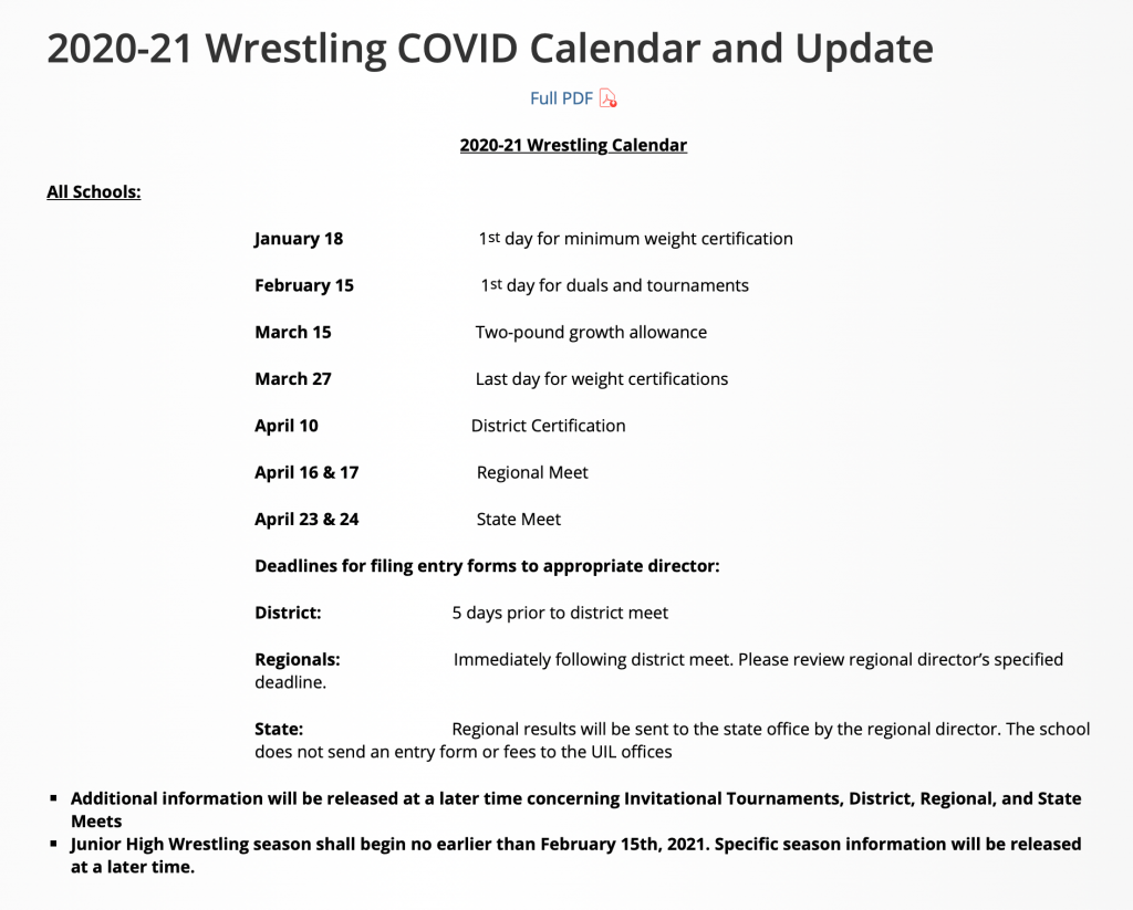The Texas UIL Has Released the 2020-21 Wrestling Schedule. - Wrestlingtexas